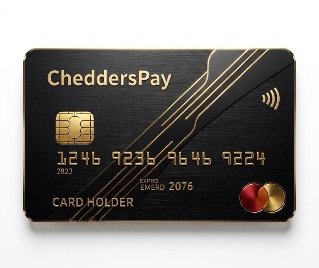 Chedders Pay premium card — brushed black metal with gold accents
